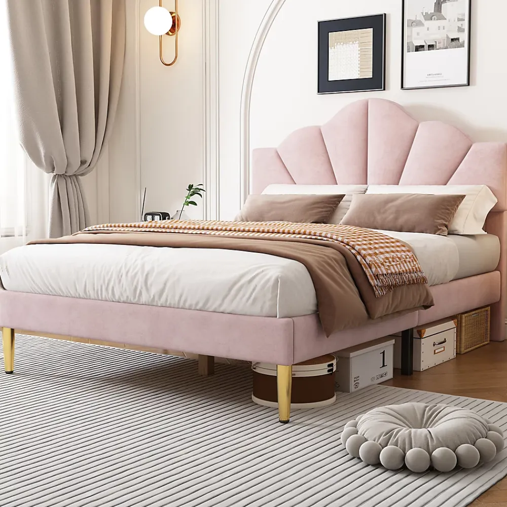 Redom Lit 140x200 cm en velours rose avec tête de lit réglable, pieds métal doré et sommier à lattes bois* Lit Double