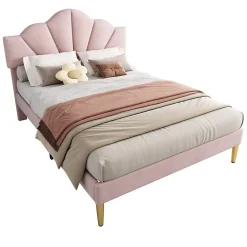 Redom Lit 140x200 cm en velours rose avec tête de lit réglable, pieds métal doré et sommier à lattes bois* Lit Double