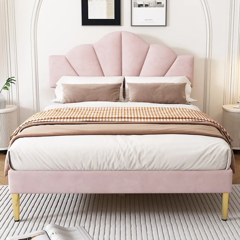 Redom Lit 140x200 cm en velours rose avec tête de lit réglable, pieds métal doré et sommier à lattes bois* Lit Double