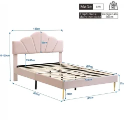 Redom Lit 140x200 cm en velours rose avec tête de lit réglable, pieds métal doré et sommier à lattes bois* Lit Double