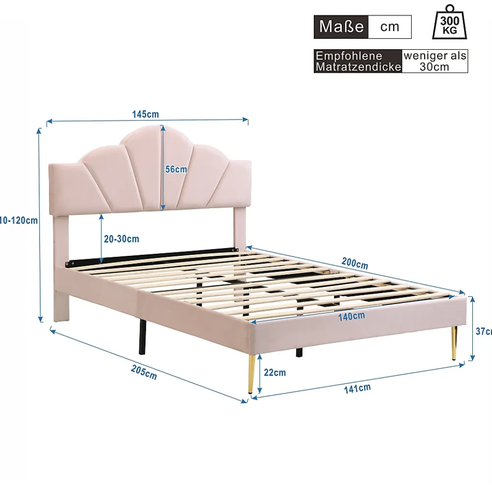 Redom Lit 140x200 cm en velours rose avec tête de lit réglable, pieds métal doré et sommier à lattes bois* Lit Double