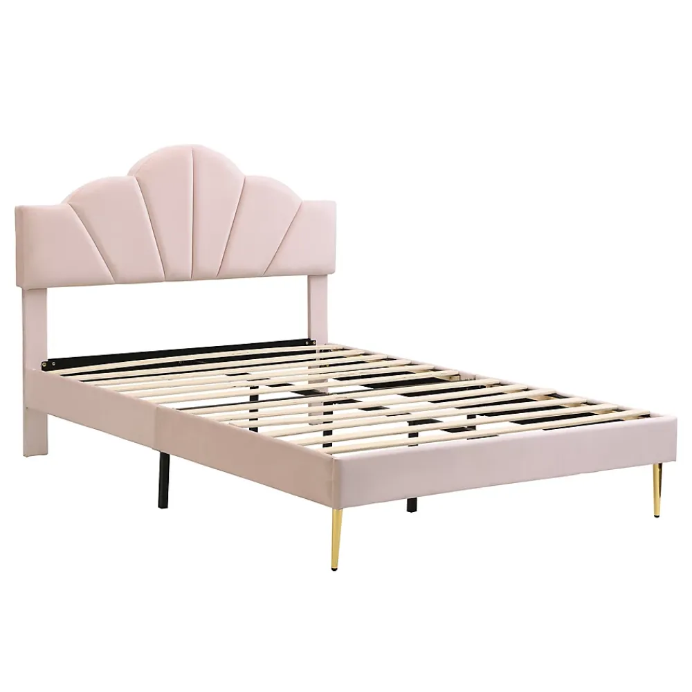 Redom Lit 140x200 cm en velours rose avec tête de lit réglable, pieds métal doré et sommier à lattes bois* Lit Double