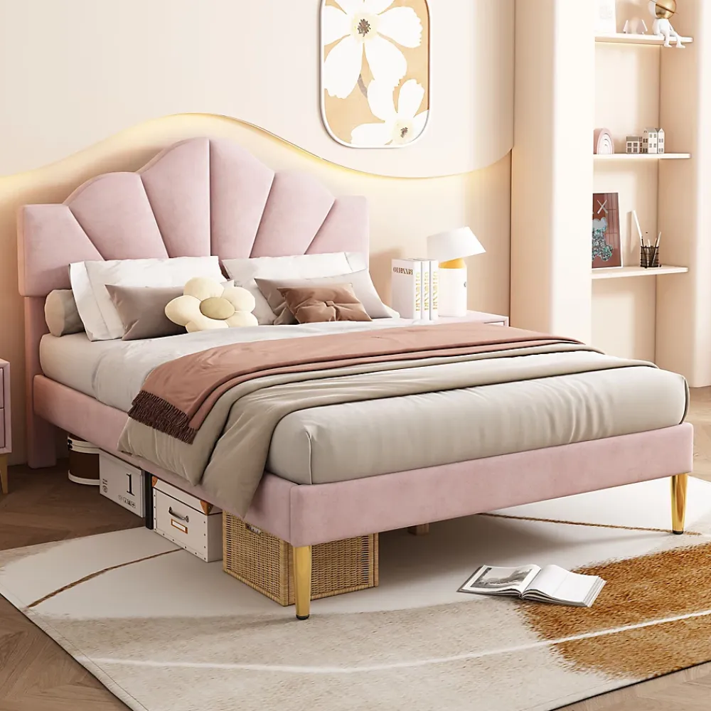 Redom Lit 140x200 cm en velours rose avec tête de lit réglable, pieds métal doré et sommier à lattes bois* Lit Double