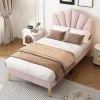Lit 90x200 cm en velours rose avec tête de lit réglable style coquillage et pieds métal doré, élégant>Redom Discount