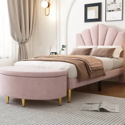 Lit 90x200 cm en velours rose avec tête de lit réglable style coquillage et pieds métal doré, élégant>Redom Discount