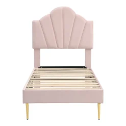 Lit 90x200 cm en velours rose avec tête de lit réglable style coquillage et pieds métal doré, élégant><noscript><img width=