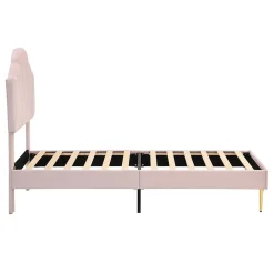 Lit 90x200 cm en velours rose avec tête de lit réglable style coquillage et pieds métal doré, élégant><noscript><img width=