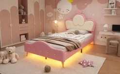 Lit 90x200 cm enfant avec tête rembourrée en vague et couronne, PU blanc/rose et bande LED intégrée><noscript><img width=