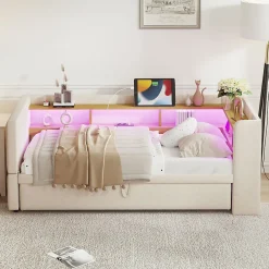 Lit 90/180x190 cm extensible avec rangements intégrés, éclairage LED, prises et tissu flanelle beige>Redom Best