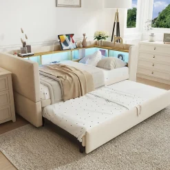 Lit 90/180x190 cm extensible avec rangements intégrés, éclairage LED, prises et tissu flanelle beige><noscript><img width=