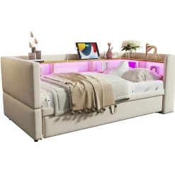 Lit 90/180x190 cm extensible avec rangements intégrés, éclairage LED, prises et tissu flanelle beige><noscript><img width=
