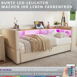 Lit 90/180x190 cm extensible avec rangements intégrés, éclairage LED, prises et tissu flanelle beige><noscript><img width=