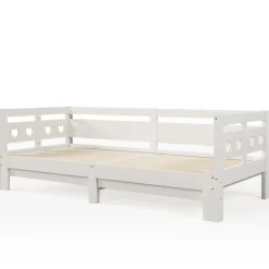 Lit 90x200 cm extensible avec 2e couchage et tête en forme de cœur en pin massif blanc, design romantique><noscript><img width=