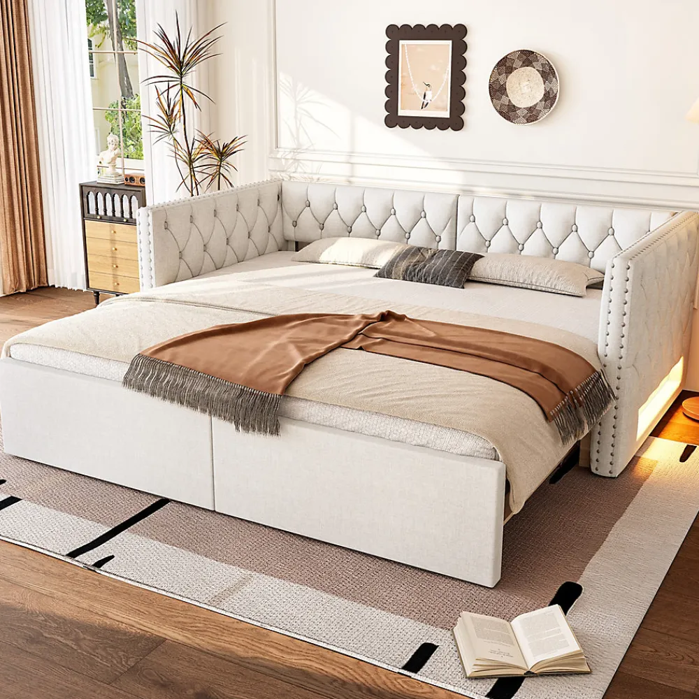 Lit 90x200 cm extensible en 180x200 cm avec éclairage LED, revêtement lin beige, design contemporain>Redom Online