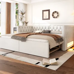 Lit 90x200 cm extensible en 180x200 cm avec éclairage LED, revêtement lin beige, design contemporain>Redom Online