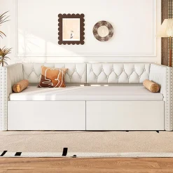 Lit 90x200 cm extensible en 180x200 cm avec éclairage LED, revêtement lin beige, design contemporain><noscript><img width=