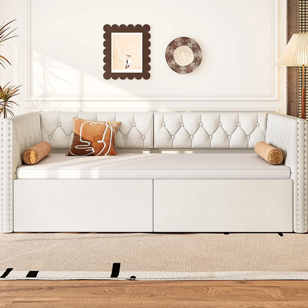 Lit 90x200 cm extensible en 180x200 cm avec éclairage LED, revêtement lin beige, design contemporain>Redom Online