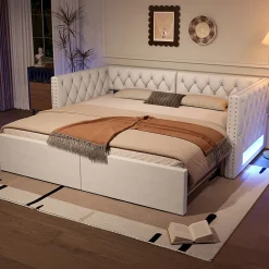 Lit 90x200 cm extensible en 180x200 cm avec éclairage LED, revêtement lin beige, design contemporain><noscript><img width=