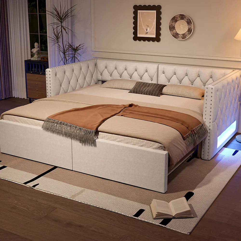 Lit 90x200 cm extensible en 180x200 cm avec éclairage LED, revêtement lin beige, design contemporain>Redom Online