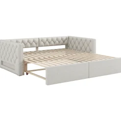 Lit 90x200 cm extensible en 180x200 cm avec éclairage LED, revêtement lin beige, design contemporain><noscript><img width=