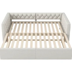 Lit 90x200 cm extensible en 180x200 cm avec éclairage LED, revêtement lin beige, design contemporain><noscript><img width=