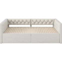 Lit 90x200 cm extensible en 180x200 cm avec éclairage LED, revêtement lin beige, design contemporain><noscript><img width=