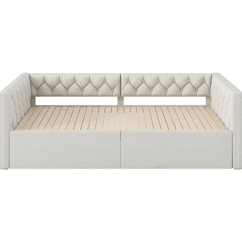 Lit 90x200 cm extensible en 180x200 cm avec éclairage LED, revêtement lin beige, design contemporain>Redom Online