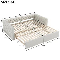 Lit 90x200 cm extensible en 180x200 cm avec éclairage LED, revêtement lin beige, design contemporain><noscript><img width=