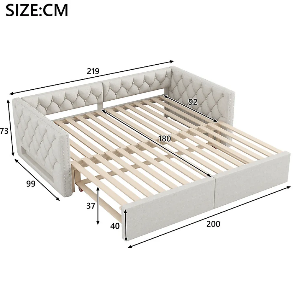 Lit 90x200 cm extensible en 180x200 cm avec éclairage LED, revêtement lin beige, design contemporain>Redom Online