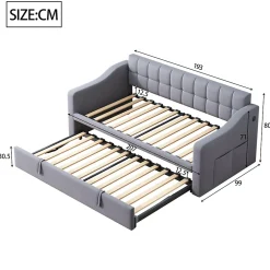 Redom Lit 90x190 cm extensible jusqu'à 180 cm, convertible en sofa en velours gris avec ports USB intégrés* Lit Gigogne