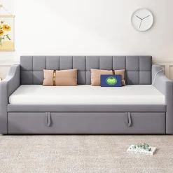 Redom Lit 90x190 cm extensible jusqu'à 180 cm, convertible en sofa en velours gris avec ports USB intégrés* Lit Gigogne