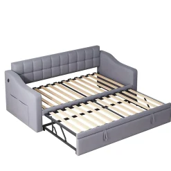 Redom Lit 90x190 cm extensible jusqu'à 180 cm, convertible en sofa en velours gris avec ports USB intégrés* Lit Gigogne