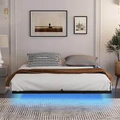 Lit 160x200 cm flottant en acier noir avec éclairage LED, station USB-C et poche de rangement>Redom Discount