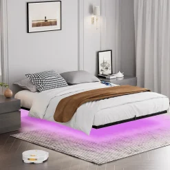 Lit 160x200 cm flottant en acier noir avec éclairage LED, station USB-C et poche de rangement><noscript><img width=