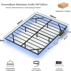 Lit 160x200 cm flottant en acier noir avec éclairage LED, station USB-C et poche de rangement><noscript><img width=