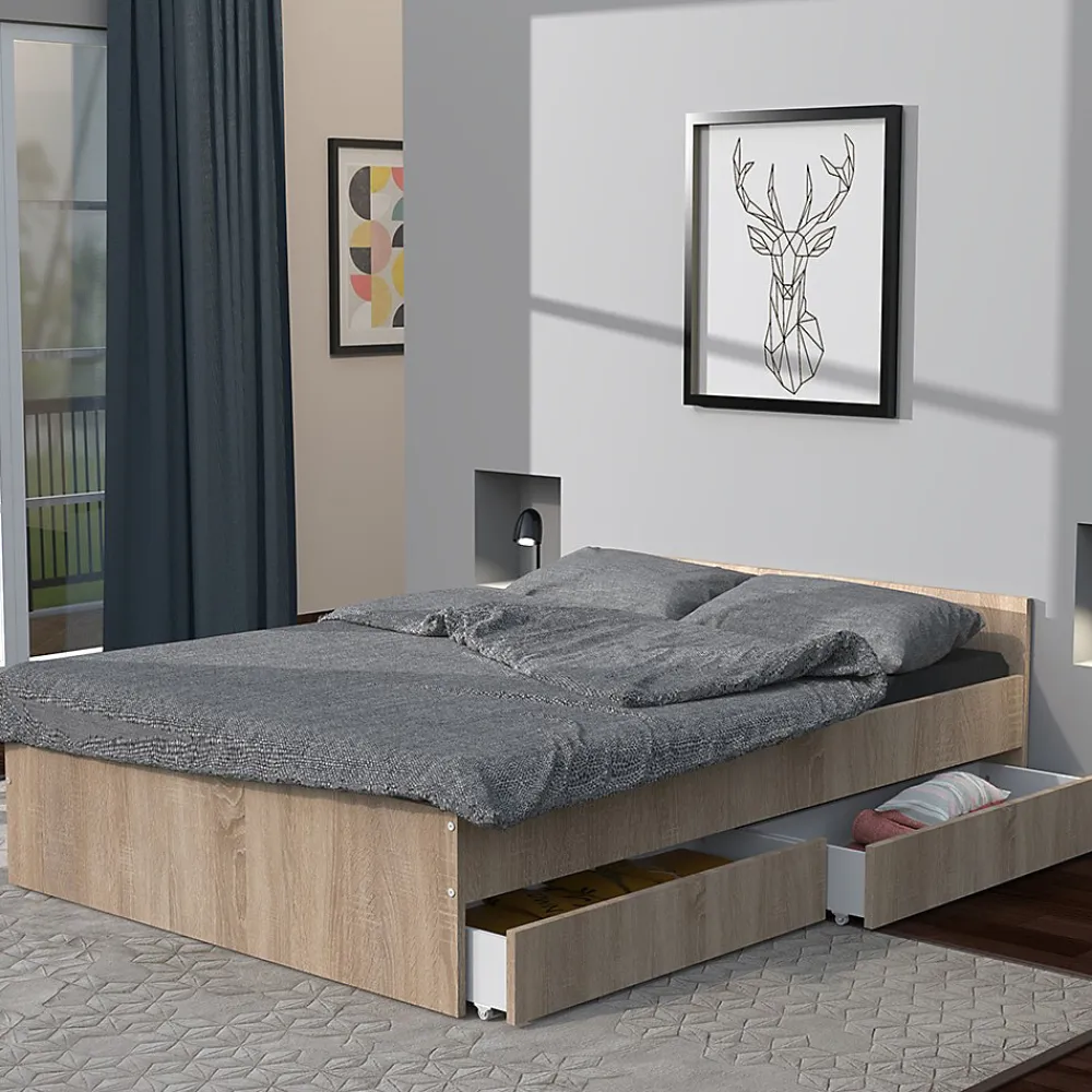 Weber Industries Lit 160x200 cm KAPPA+ 2 tiroirs / Chêne Blanchi* Lit Double