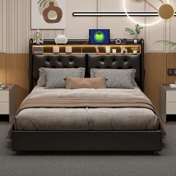 Simple Life Lit 180x200 cm, LED, port USB, coffre de rangement, tête de lit, sommier à lattes, PU noir (2 personnes).* Lit Coffre