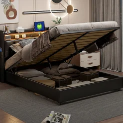 Simple Life Lit 180x200 cm, LED, port USB, coffre de rangement, tête de lit, sommier à lattes, PU noir (2 personnes).* Lit Coffre