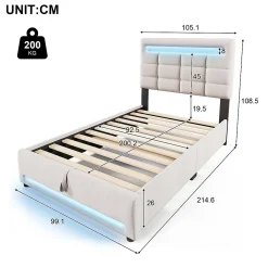 Redom Lit 90x200 cm lin beige avec rangement hydraulique et éclairage LED 16 couleurs contrôlable par application* Lit Avec Rangement