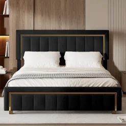 Lit 160x200 cm, Lit Coffre avec Rangement, Cadre de lit avec tête de Lit, Velours, Noir><noscript><img width=