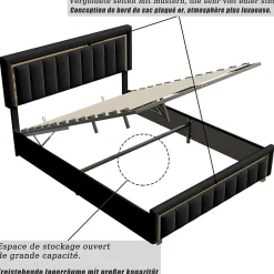 Lit 160x200 cm, Lit Coffre avec Rangement, Cadre de lit avec tête de Lit, Velours, Noir><noscript><img width=