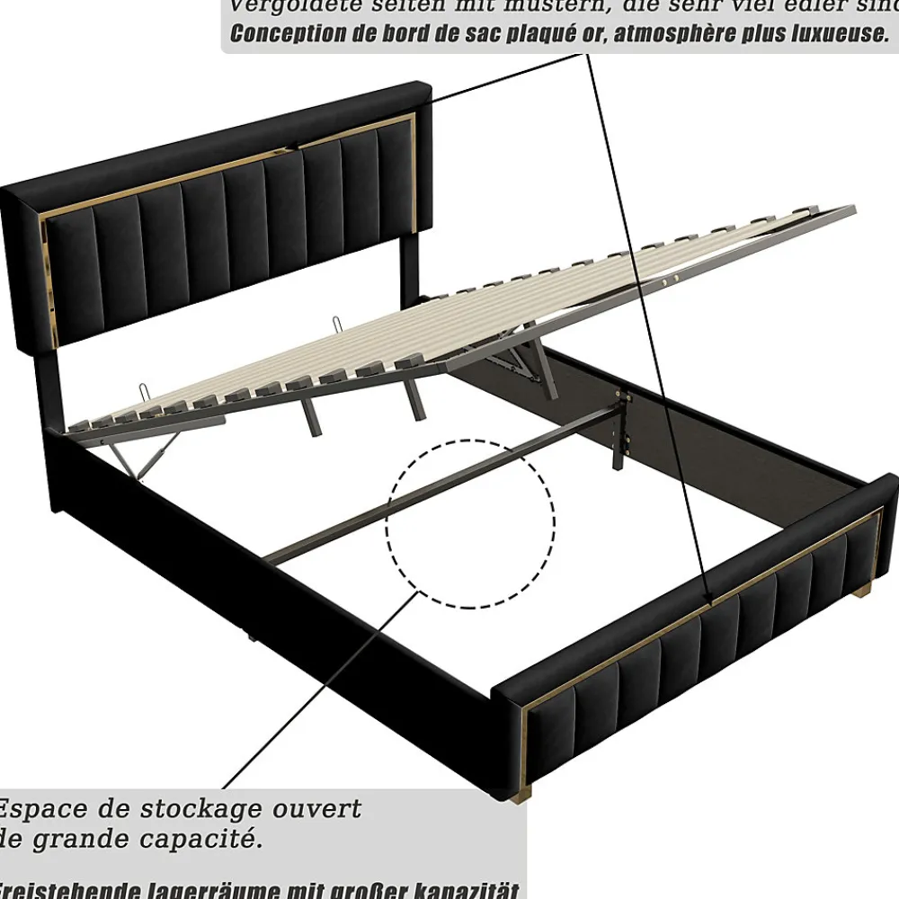 Lit 160x200 cm, Lit Coffre avec Rangement, Cadre de lit avec tête de Lit, Velours, Noir>Fortuna lai Best