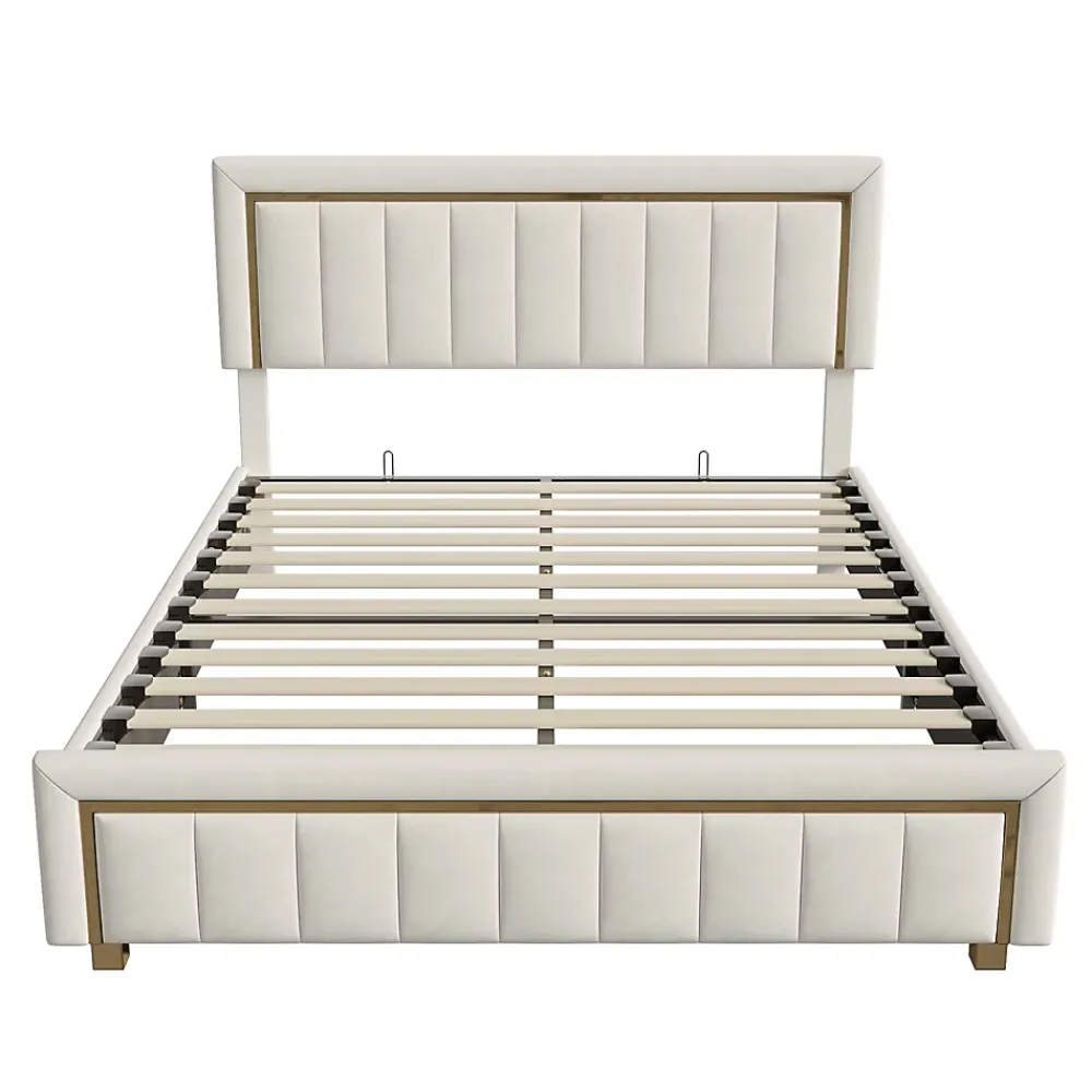 Simple Life Lit 160x200 Cm, Lit Coffre Avec Rangement, Cadre De Lit Avec Tête De Lit, Velours, Beige* Lit Coffre
