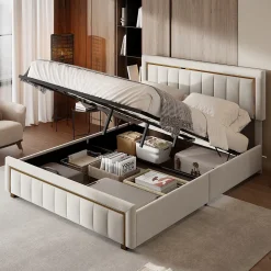 Fortuna lai Lit 160x200 cm, Lit Coffre avec Rangement, Cadre de lit avec tête de Lit, Velours, Beige* Lit Coffre