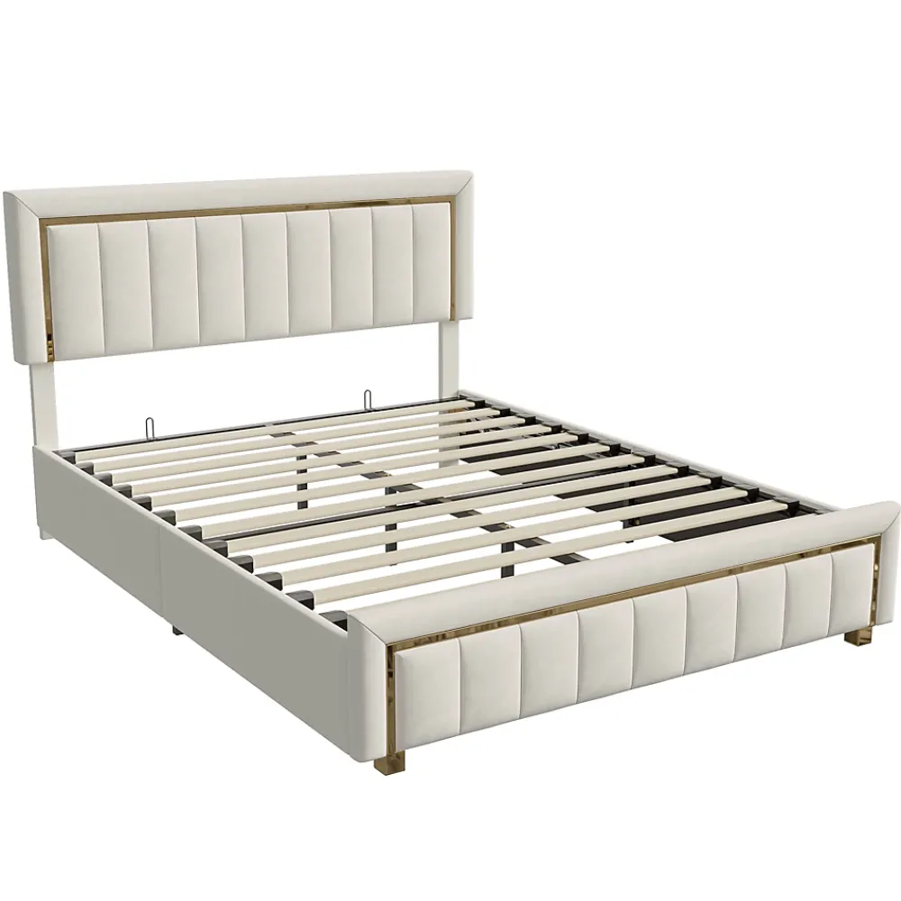 Fortuna lai Lit 160x200 cm, Lit Coffre avec Rangement, Cadre de lit avec tête de Lit, Velours, Beige* Lit Coffre