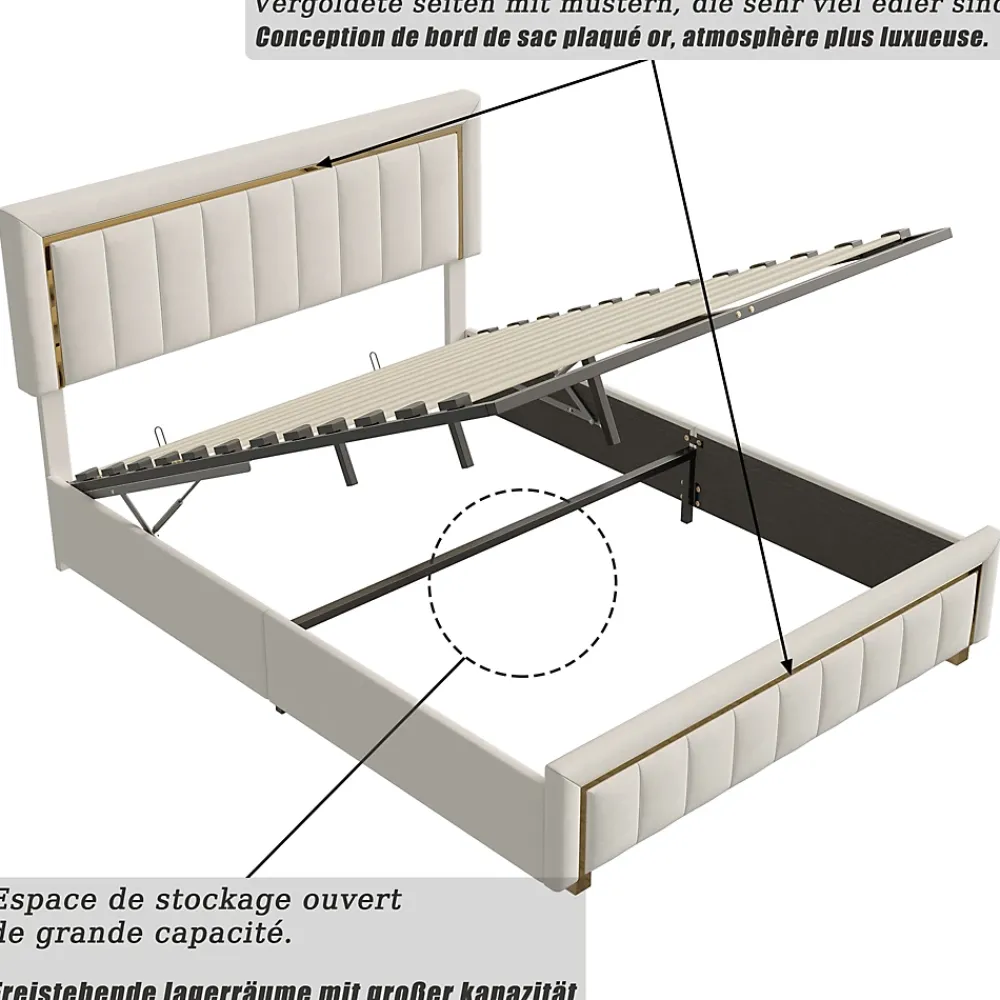 Fortuna lai Lit 160x200 cm, Lit Coffre avec Rangement, Cadre de lit avec tête de Lit, Velours, Beige* Lit Coffre