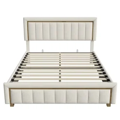 Fortuna lai Lit 160x200 cm, Lit Coffre avec Rangement, Cadre de lit avec tête de Lit, Velours, Beige* Lit Coffre