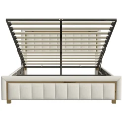 Fortuna lai Lit 160x200 cm, Lit Coffre avec Rangement, Cadre de lit avec tête de Lit, Velours, Beige* Lit Coffre