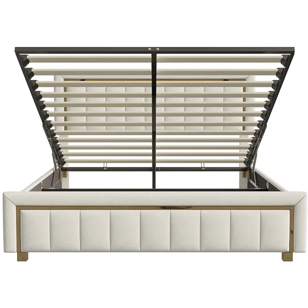 Fortuna lai Lit 160x200 cm, Lit Coffre avec Rangement, Cadre de lit avec tête de Lit, Velours, Beige* Lit Coffre