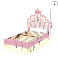 ProximaX Lit 90x200 cm, lit princess avec LED, tête de lit couronne, design moderne, rose* Lit Avec Rangement